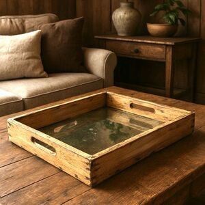 Rustic Distressed Painted Wooden Serving Tray Antique Washed Mirror #1010253